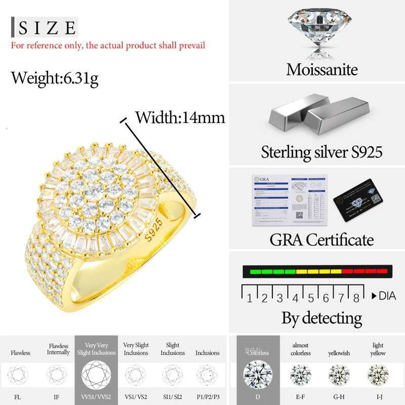 TUHE Unisex Baguette Moissanite Men Rings Hip Hop Jewelry 925 Silver Rings Ice out VVS1 Moissanite With Certificate Men Rings