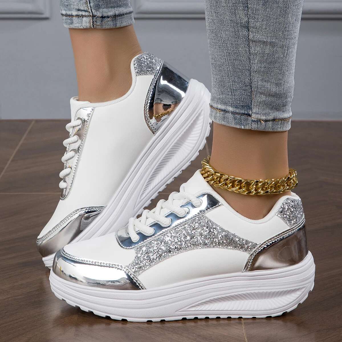 Designer Shoes Light Luxury Sports Shoes Metallic Color Casual Vulcanized Sports Fashionable White Women's Flat Shoes Summer Breathable Shoes Wom