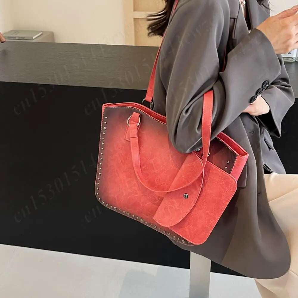 Tote Women W/Rivet Shoulder PU Leather Vintage Purse And Handbag Large Capacity Satchel Bag For Work Travel