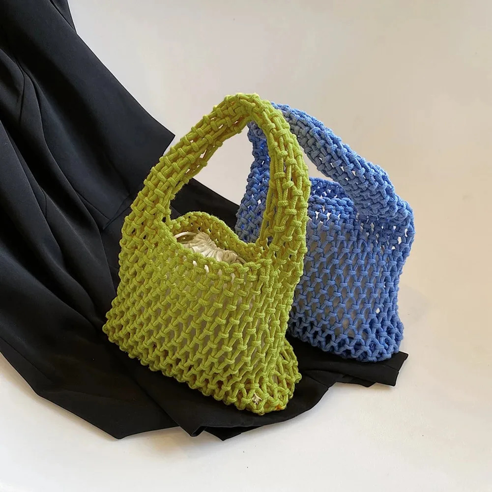 Pouch Candy Colored Makeup Bag Hand Woven Cotton Rope Handbag Tote Bags Knitting Crochet Womens Hollow Mesh Bag Side Bag 250325