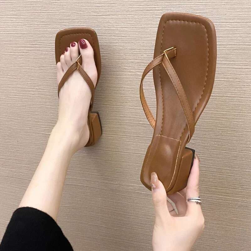 Women's Flip ps 2025 New Summer Square Toe Chunky High Heel Slippers for Women Fashion Trend Casual Sandals