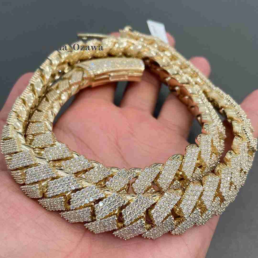 Hip Hop Luxury Miami Cuban Chain 22mm Width Three Rows Moissanites Miami Cuban Prong Set Full Iced Out Cuban Link Chain Necklace