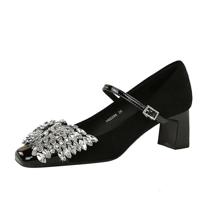 2025 Summer New Bow Tip Buckle Sexy Designer Fashion Slope Heel Shoes Women's Square Toe Solid Color Thick Heel 5