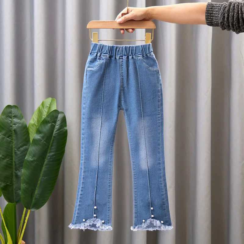4-12Y autumn childrens jeans lace heart-shaped denim pants girls elastic waist solid pants casual boot cutT250326