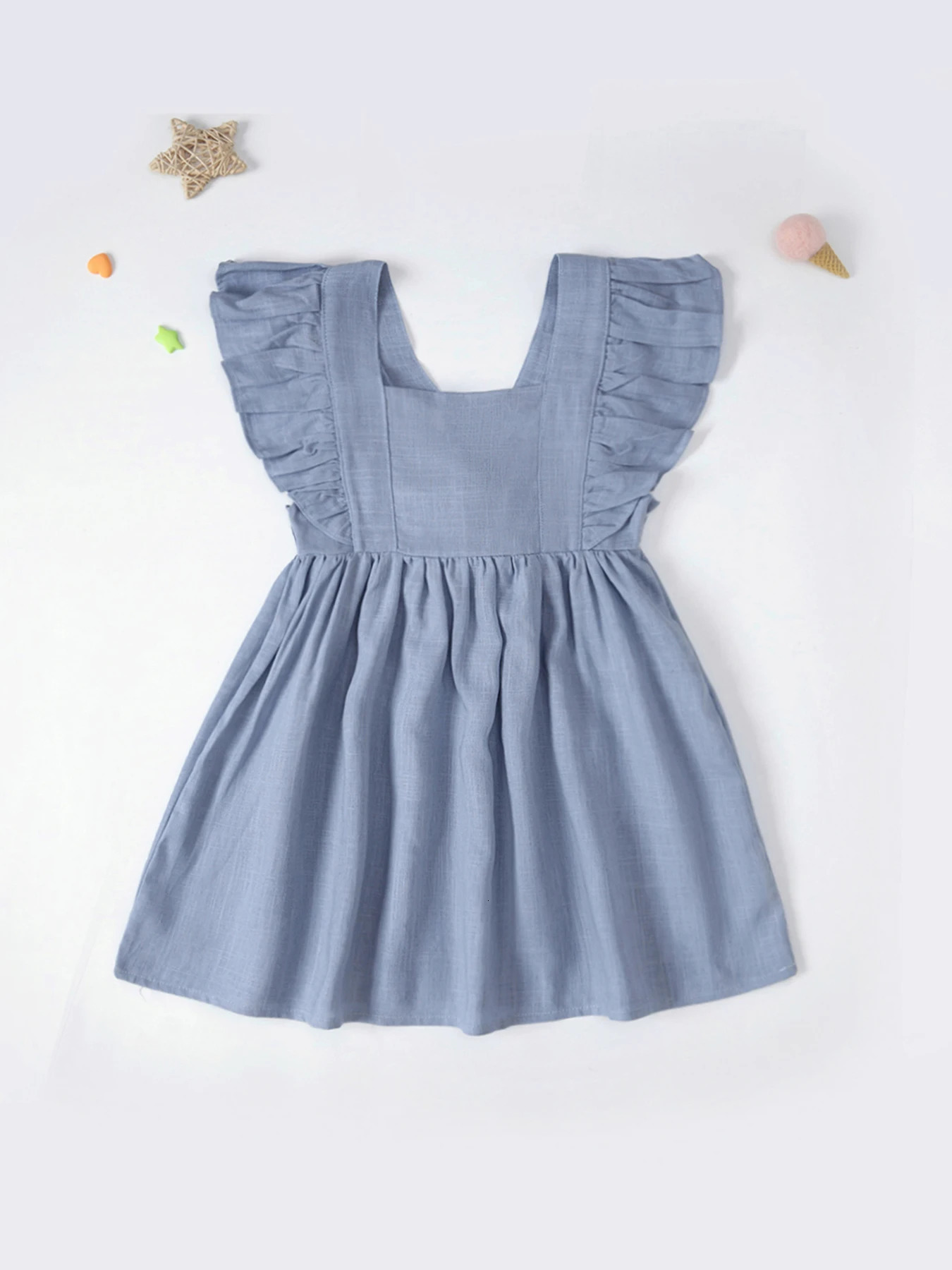 Cotton Linen Embroidered Dress for Baby Girl Ruffled Princess Dress Butterfly Bow Summer 250326