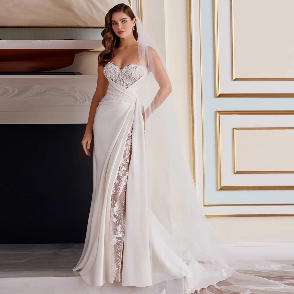 Chic Boho Wedding Dresses Side Slit Lace With Satin Sweetheart Sleeveless Long Mermaid Bridal Gown Pleats Elegant Beach Bride Dress Custom Made Vestid