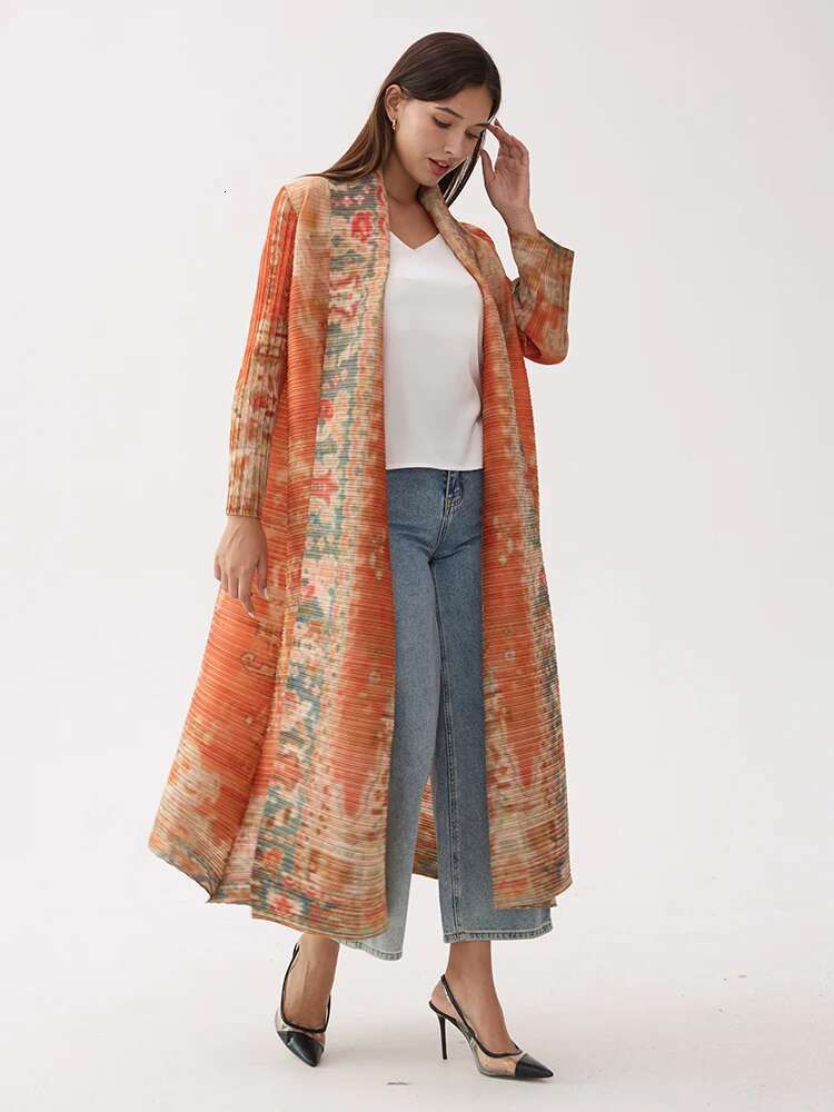 Miyake Pleated Vintage Printed Turn-Down Collar Sleeve Long Jacket Women Designer Abaya New Dubai Fashion Plus Size Coats