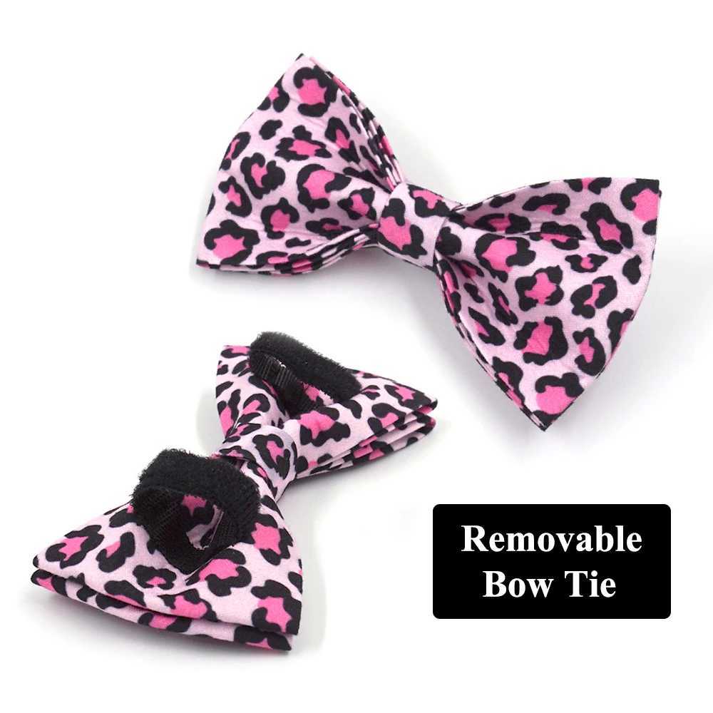 Pink leopard dog harness suitable for girls dogs personalized name carved pet collar with safety metal buckle bow small dog harness set X250326