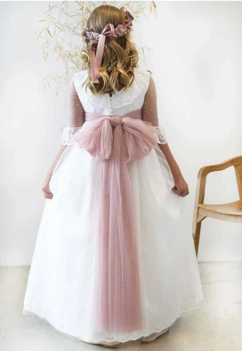 Elegant pastoral first communication dress floral girl dress bow waistband thin gauze decal wedding dress childrens birthday party dress W250326