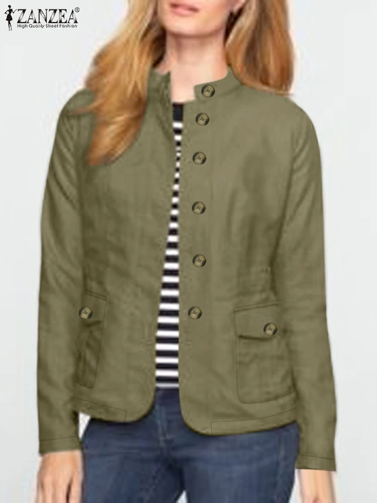 ZANZEA Fashion Long Sleeve Cargo Jackets Women Autumn Stand Collar Button Up Outwear Solid Work Wear Casual Loose Jacket 250321
