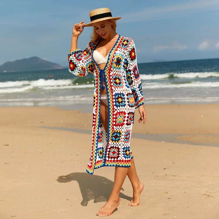 Summer Crochet Bikini Swimwear Cover-Ups Elegant Boho Kimono Dress Tunic Woman Clothes Beach Wear Swim Suit Cover Up Robe