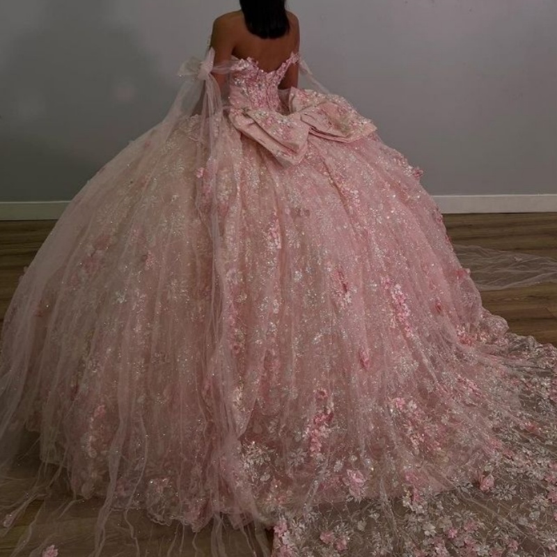 Pink Shiny Princess Sweetheart Ball Gown Quinceanera Dresses Off the Shoulder Beads Sequin Appliques Flower Party Birthday Vestidos De 15 Anos