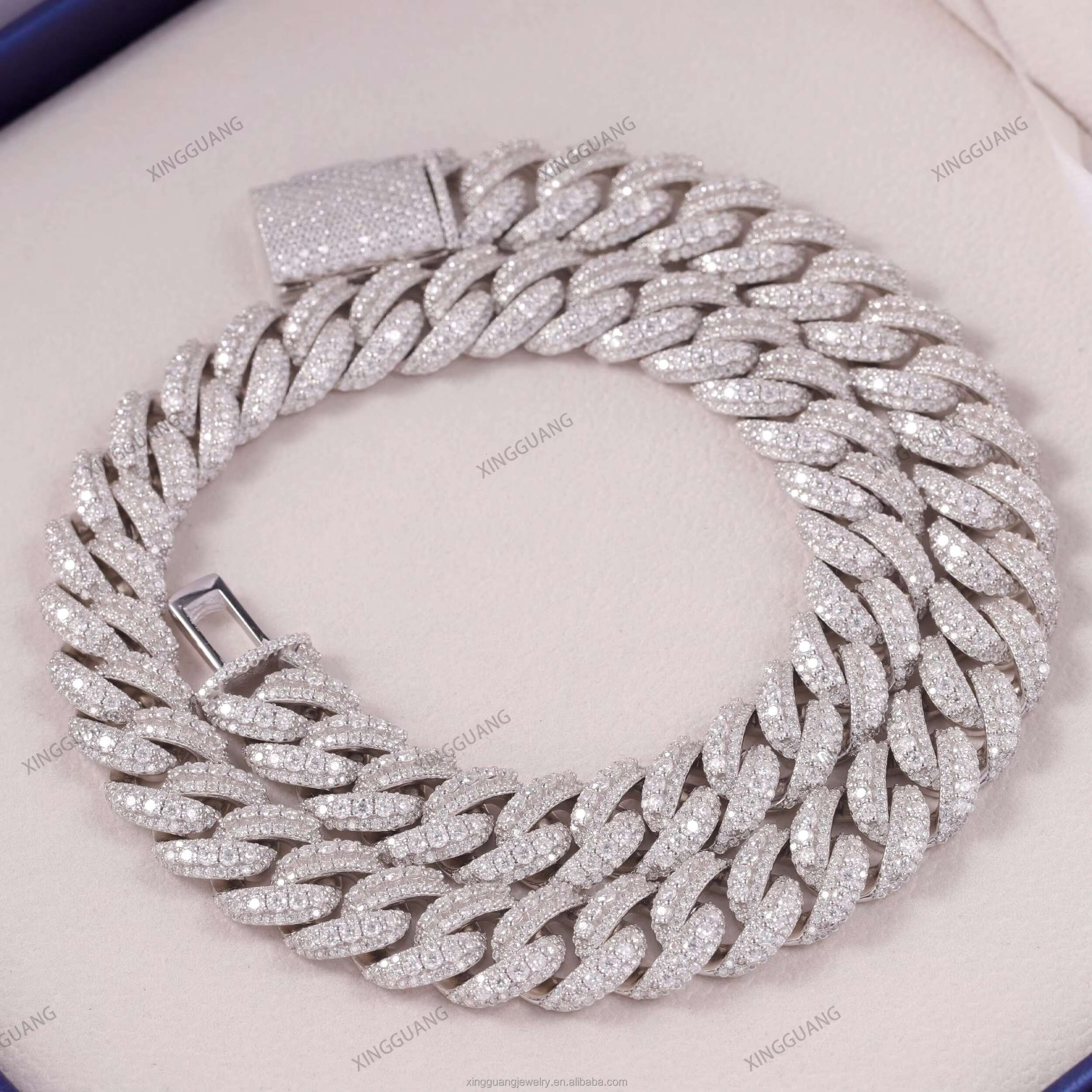 RTS Moissanite Gra Certificated Cuban Chain14mm 18mm 925 Silver Hip Hop Moissanite Pass Diamond Test Cuban Link Chain
