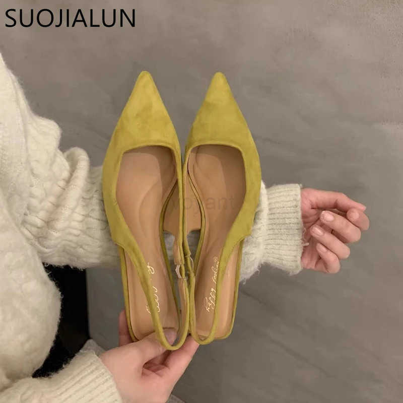 SUOJIALUN 2024 Spring New Wen Sandal Fashion Pointed Toe Shallow Slip On Dress Mes Shoes Thin Low Heel Slingback Sandal Z250326
