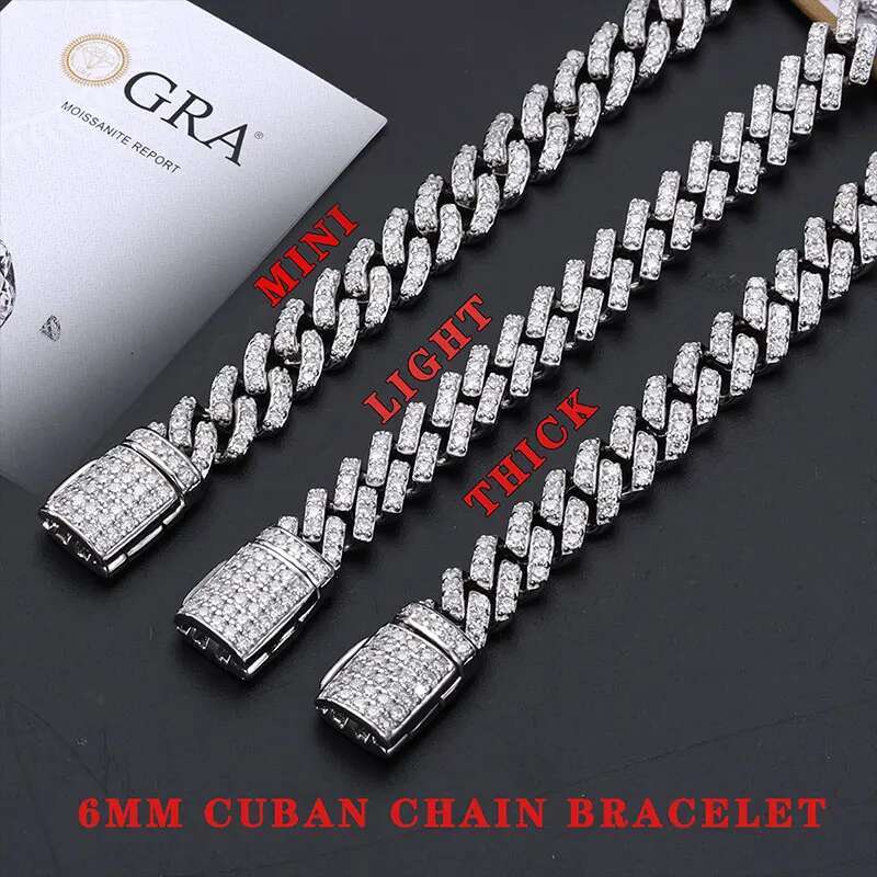 TUHE Unisex VVS1 D Color Moissanite 6mm Cuban Chain Bracelet S925 Silver For Men Hip Hop Jewelry