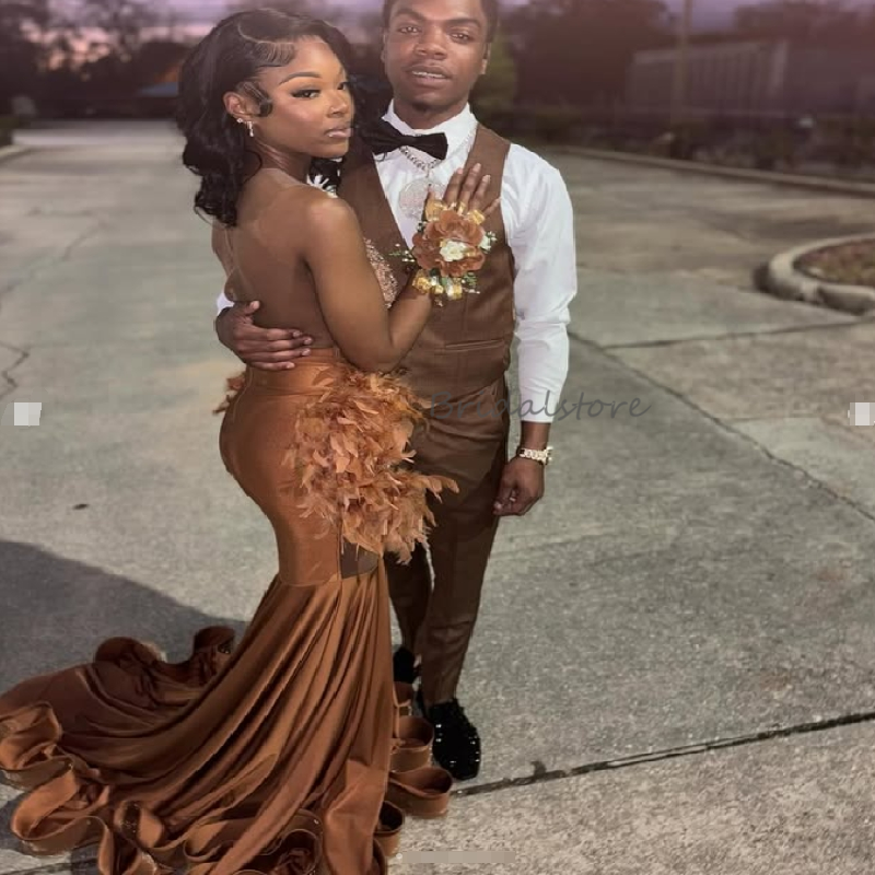 Luxurious Camel Tan Prom Dress With Feather Rhinestone Diamond Mermaid Black Women Evening Dress Backless Formal Dance Birthday Bespoke Party Gowns 20