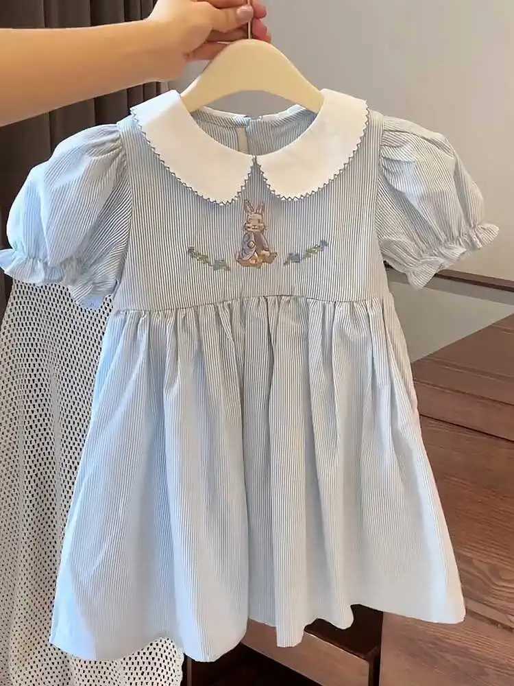 Baby girl short sleeved summer outfit new childrens bubble sleeves fashionable striped rabbit dress embroidered W250326