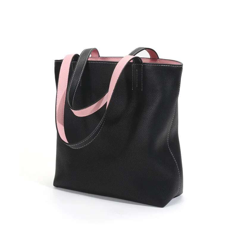 Customized Cow Leather Tote Commuter Women's Simple Causal Bucket Large Capacity Double Sided Shopping Shoulder Bag