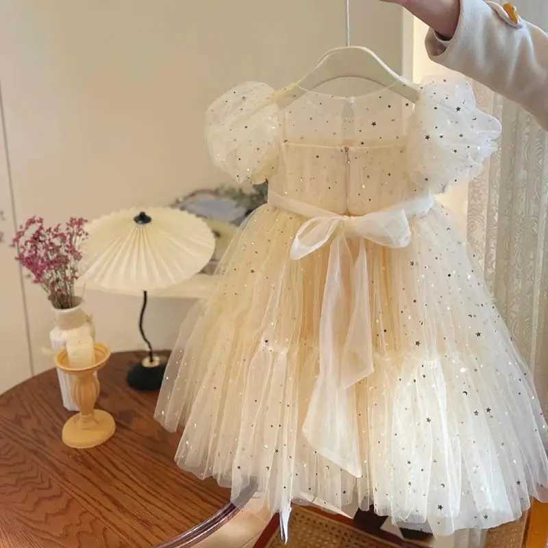Summer dress for girls elegant dress for girls baby bubble sleeves mesh sequin dress temperature princess Par short sleeved dress W250326