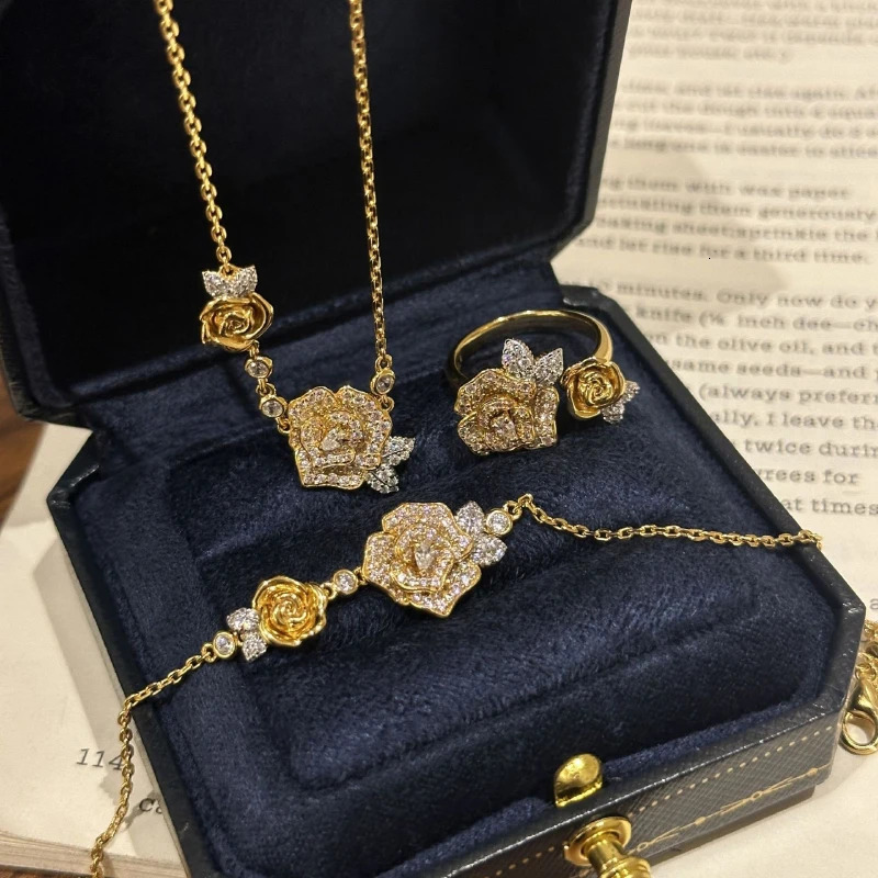 Romantic Sparkling Yellow Rose Jewelry Set Wedding Engagement Set Diamond Bracelet Necklace Ring 250326