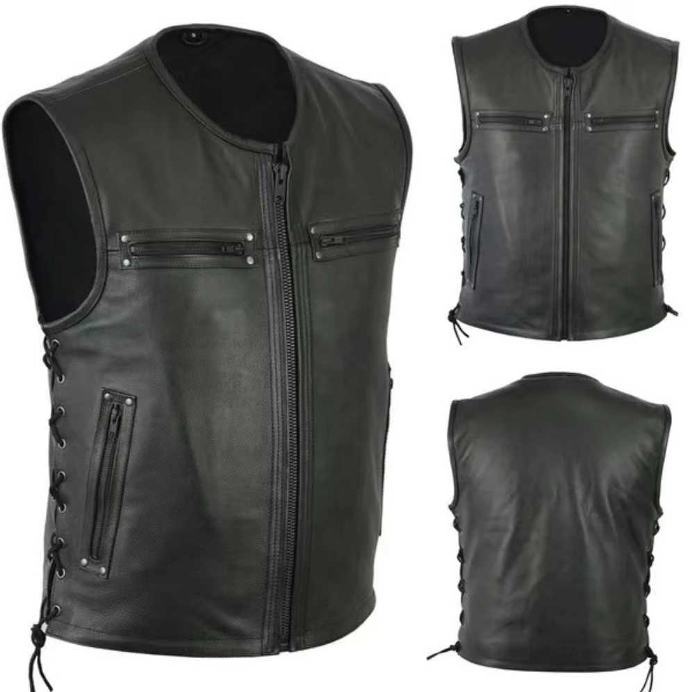 New Arrival new solid color mens motorcycle vest stand collar PU leather vest jacket team punk sleeves top mens large size 5XL Z250326