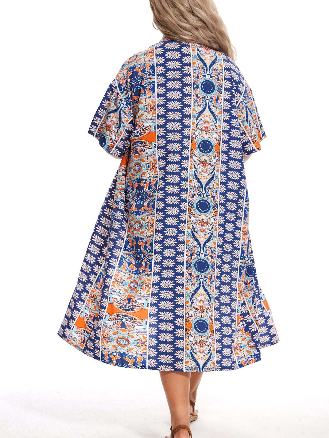 Plus Size Print Two-piece Set Short Sleeve Open Front Kimono Elastic Waist Shorts Outfits Womens Plus Size Clothing 250324
