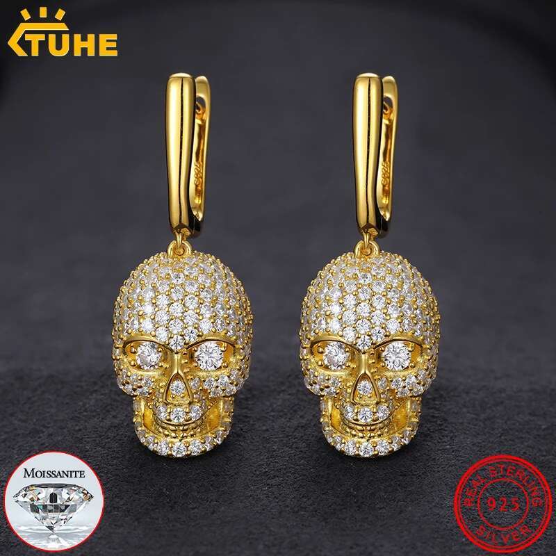 TUHE Hip Hop Unisex High Quality Skull Moissanite Earrings 925 Silver For Men Hip Hop Jewelry