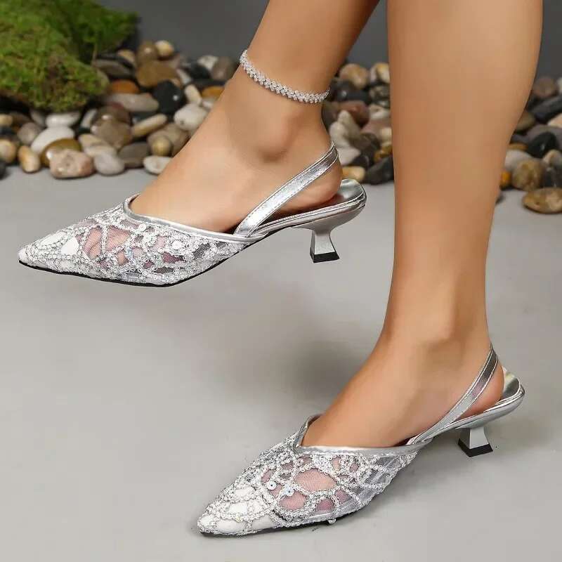 2025 Summer New High Mesh Dress Designer Fashion High Heels Women's Pointed Thin Heels Women's Sandals