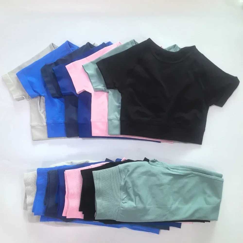 2PCS Fitness Set Womens Fitness Top Short Sleeve+Impact Yoga Leg Exercise Set Sportswear Seamless Leg Set W250326