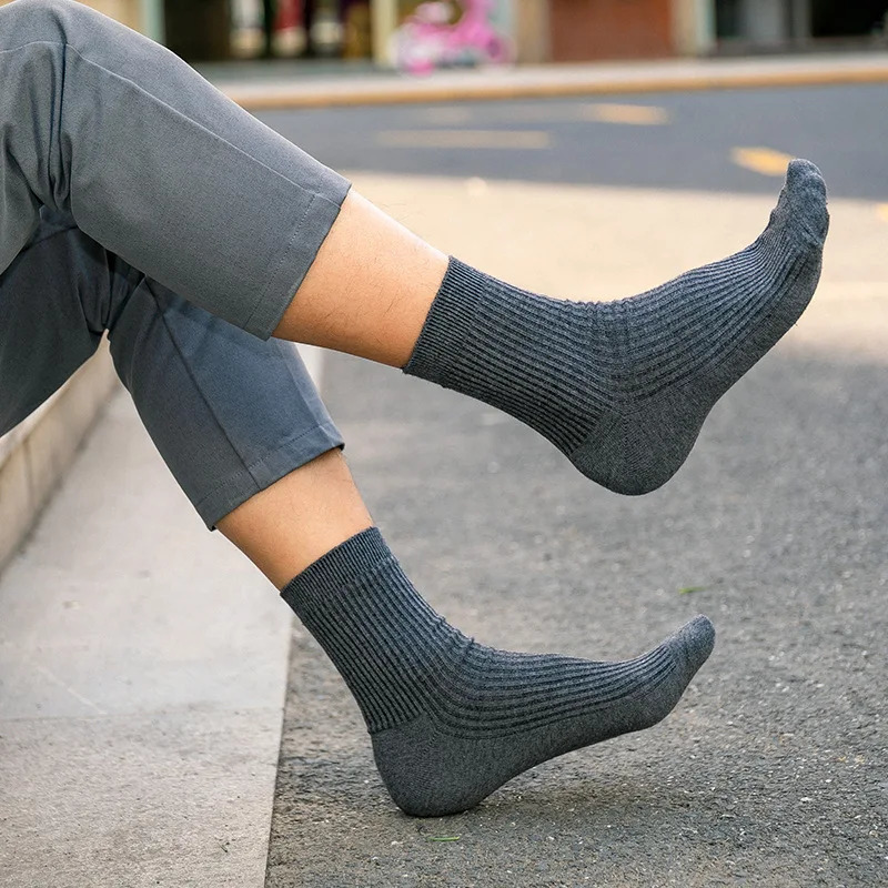 10Pairs Mens Socks Cotton Man Black White Business Casual Breathable Stripes Double Needle Male Socks High Quality 250321