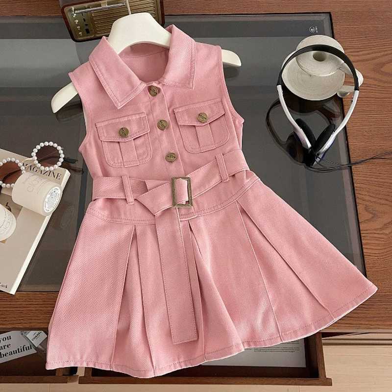 2024 Summer New Womens Cowboy Dress Belt Decoration Collar Sleeveless Tutu Princess Dress 2-10 Year Childrens Fashion Dress W250326