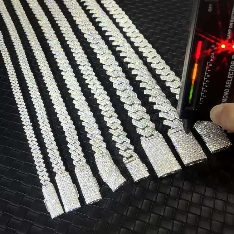 High Quality 100% Pass Tester 8mm-15mm 2Rows VVS Moissanite Diamond Sterling Silver Cuban Link Chain Rapper Hip Hop Necklace