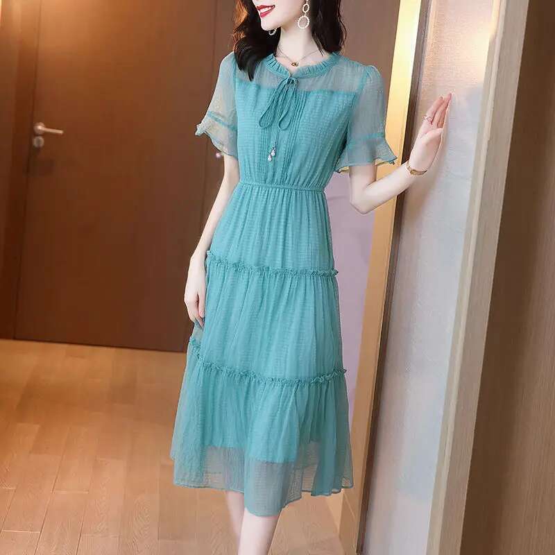 Casual Solid Color Chiffon Midi Dress Women's Clothing Summer New A-e Fashion Ruffles Patchwork Korean Drawstring Bow Dresses