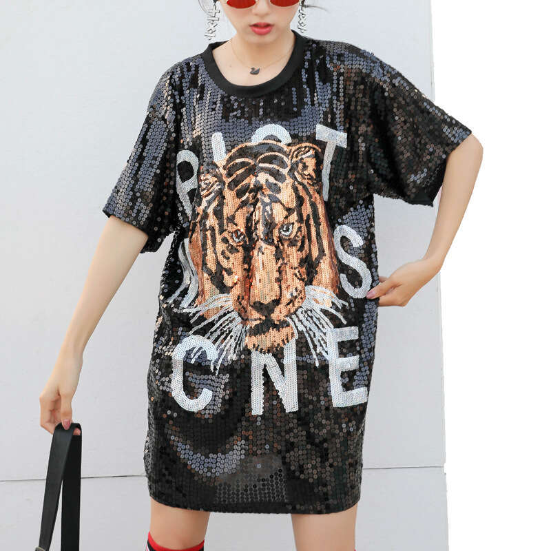 Trendy plus loose tiger head sequin embroidered T-shirt with round neck pullover, mid length top, women's clothing