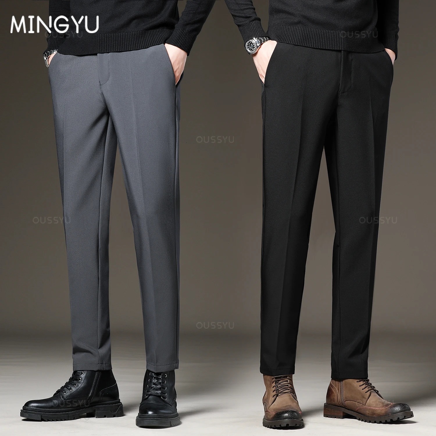 Autumn and Winter Mens Tight Business Pants Elastic Waist Black Grey Classic Korean Trouser Plus Size 2838 250326