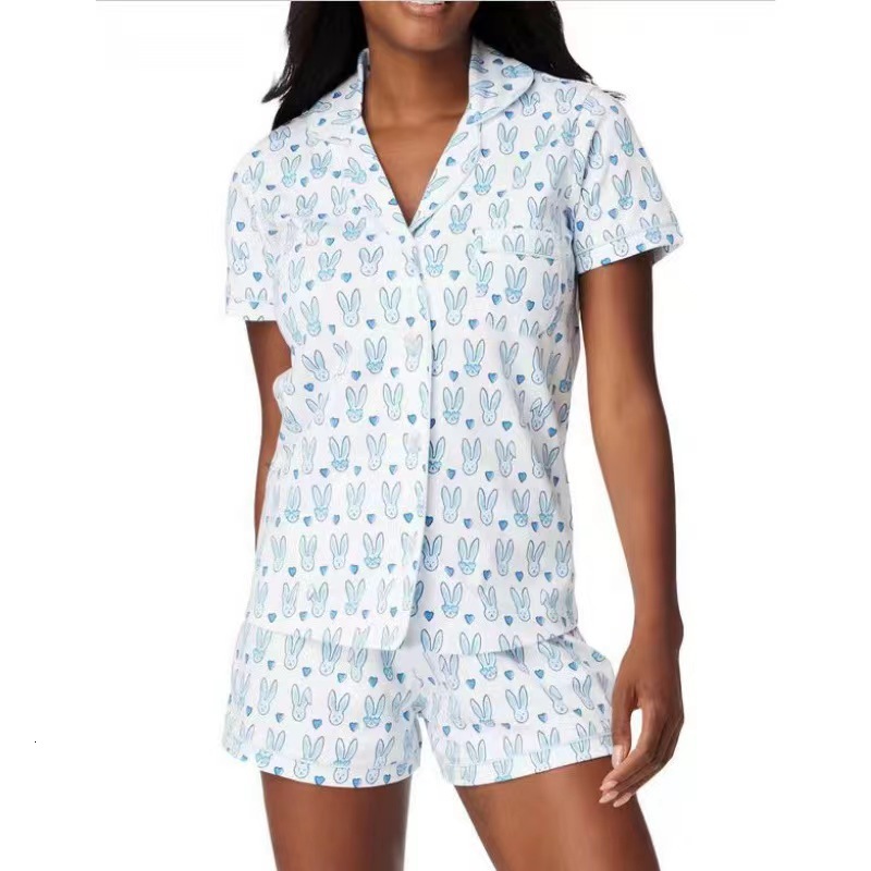Spring and summer new short sleeved suit style casual printed cardigan women's home wear2025