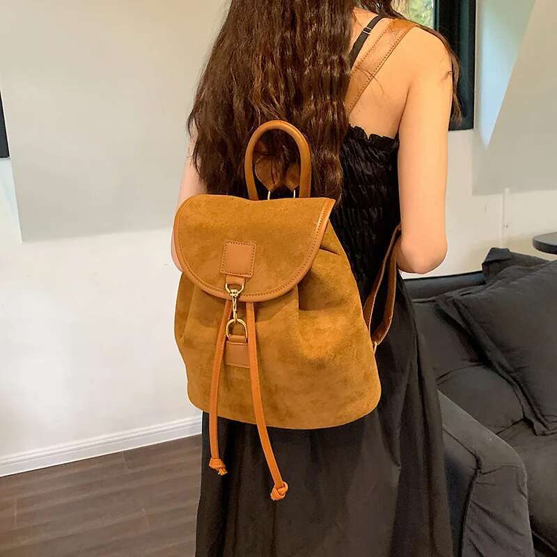 Fashion Students Suede 2023 Vintage Women Veet Leather Backpack Portable Drawstring Handbag