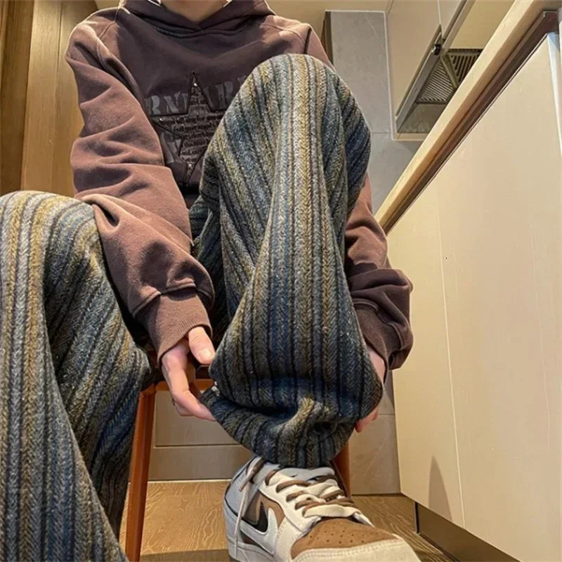 mens striped wool straight leg Trouser classic Y2K retro pocket pants casual street fashion gym sports 250326