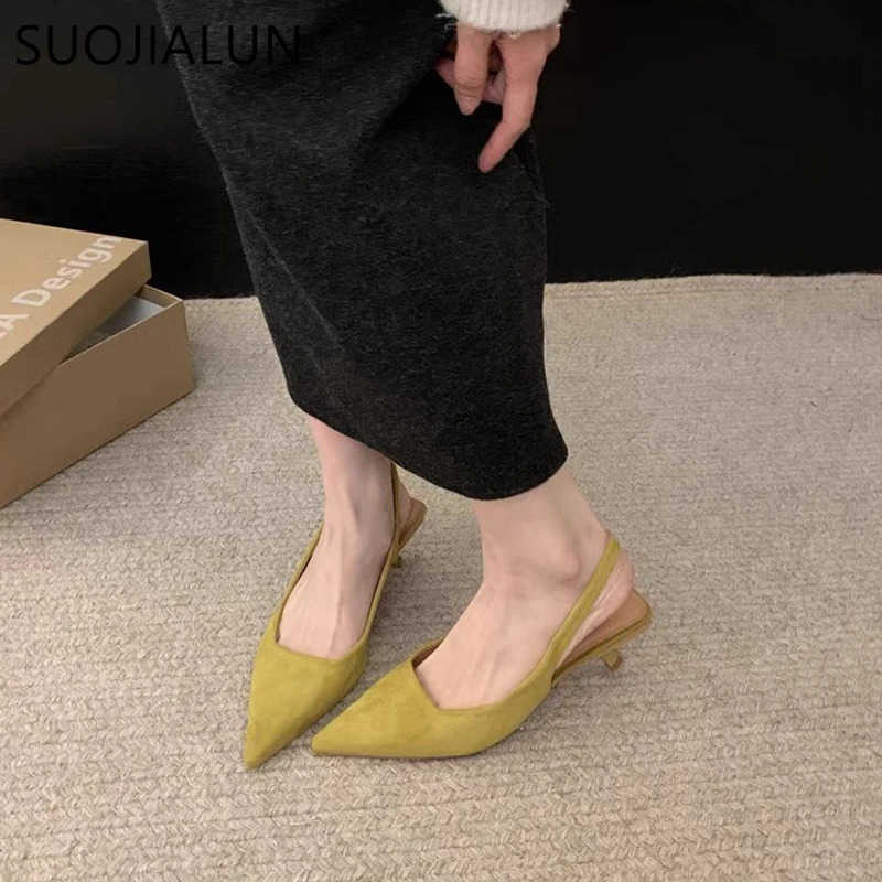 SUOJIALUN 2024 Spring New Wen Sandal Fashion Pointed Toe Shallow Slip On Dress Mes Shoes Thin Low Heel Slingback Sandal Z250326
