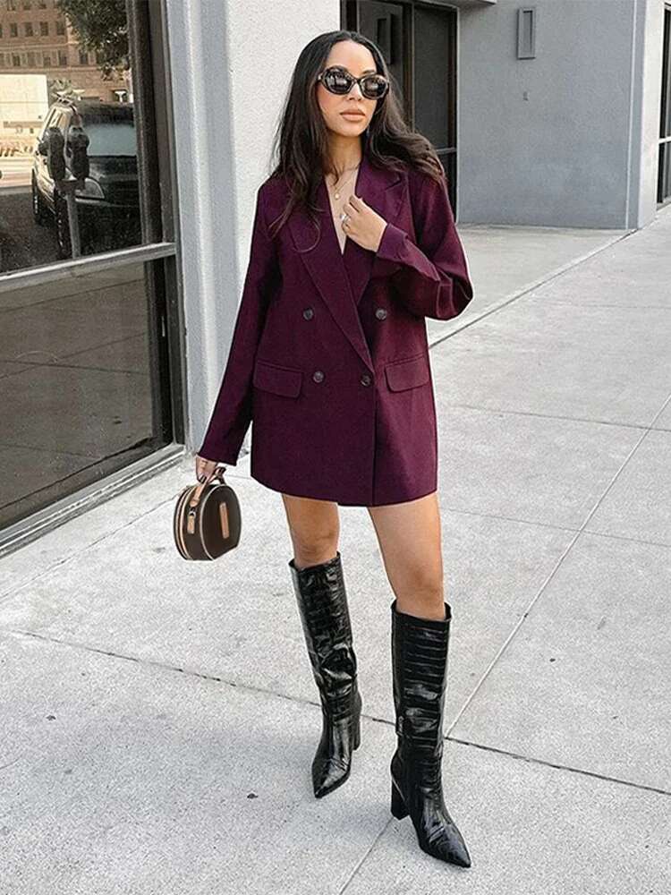 Vintage Lapel Women Blazer Fashion Double Breasted Fake Pockets Office Lady Suit Jacket Autumn Long Sleeve Female Coat