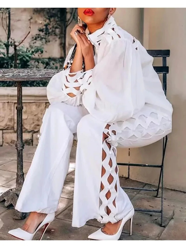 2 Piece Set Women Plus Size Hollow Out Sexy Young Daily Soft Full Sleeve Fashion Pants Wide Leg Wholesale Drop 250324