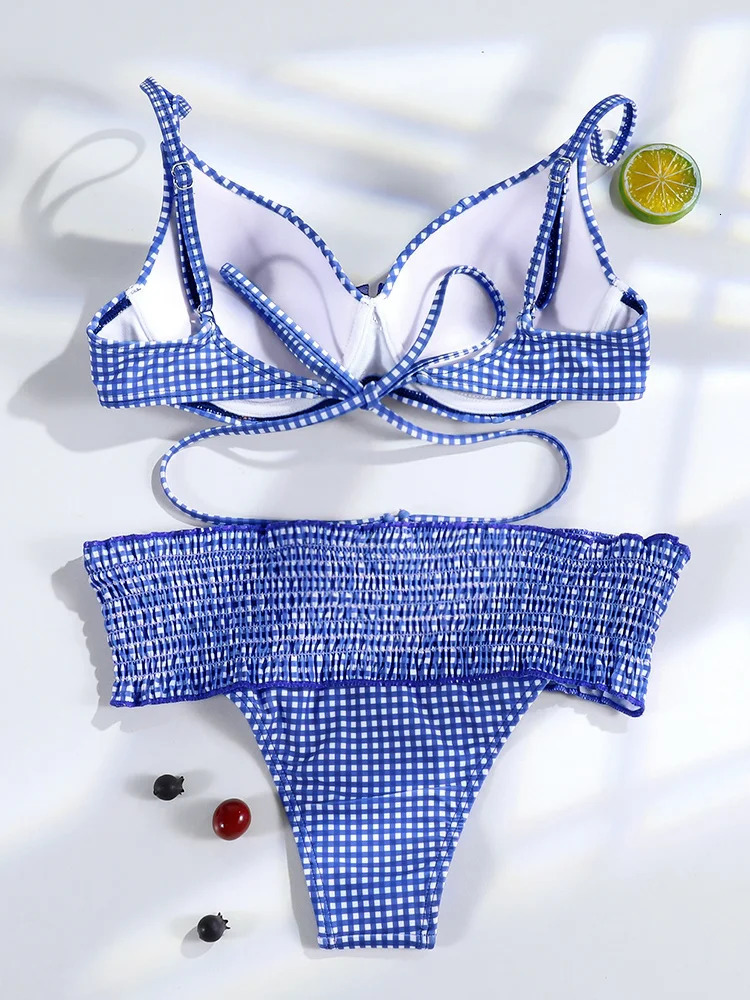 Miyouj Push Up Bikini Set Plaid Print Swimwear Sexy Swimsuit Women String Beachwear Pleated Bathing Suits Ruffle Biquini 250324