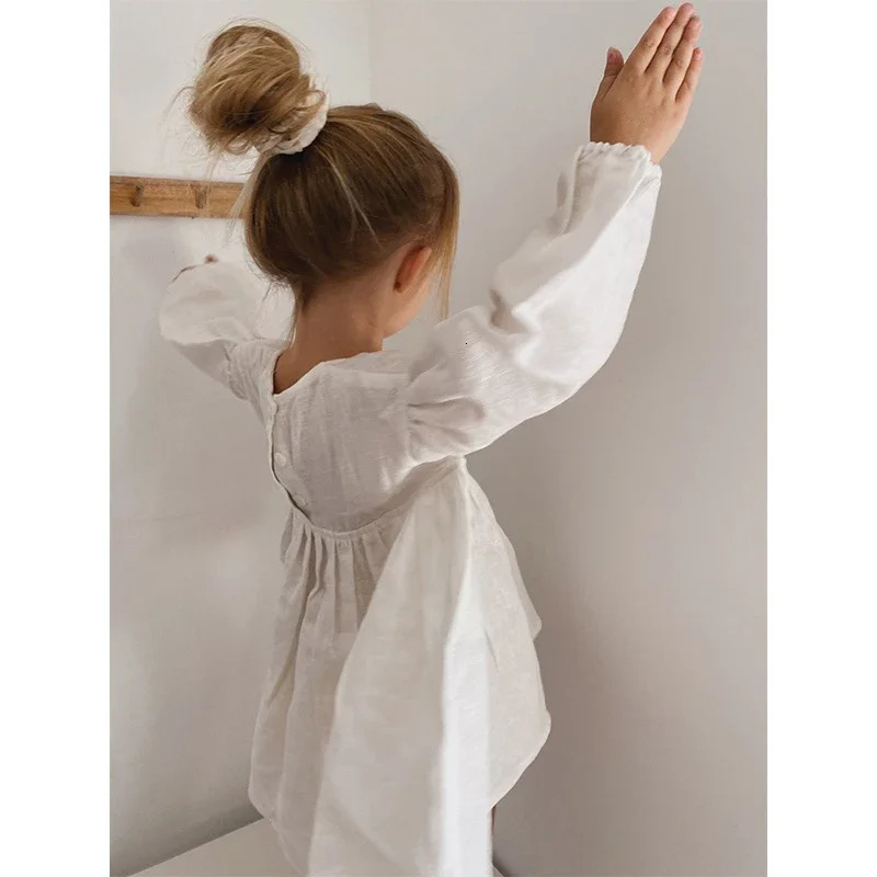 Girls White Linen V-neck Long-Sleeved Dress Spring And Summer Baby Girl Mori Beach Cotton Linen Casual Loose Dresses 250326