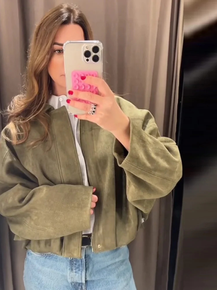 Suede Casual Jacket Women Zipper Turn-on Collar Oversized Long Sleeve Spring Coat Female Green Street Lady Outwear Tops 250321