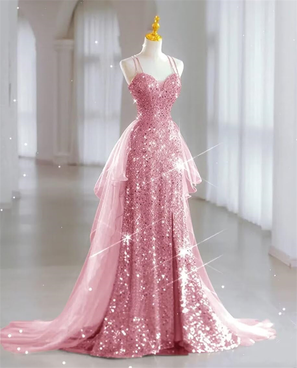 Long Prom Dresses Elegant Tulle Sequined Tiered Criss Cross Straps A-Line Lace-up Plus Size Formal Occasion Evening Party Gown Pd04