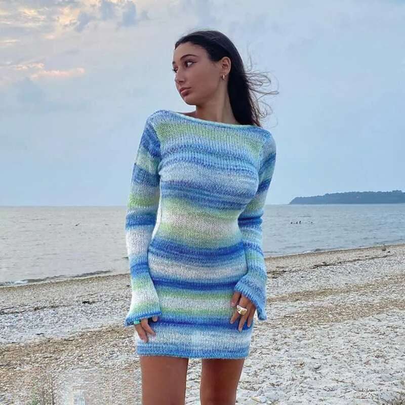 Basic Casual Women Dresses New Women's Sexy Backless Trumpet Sleeve Striped Sweater Dress Autumn