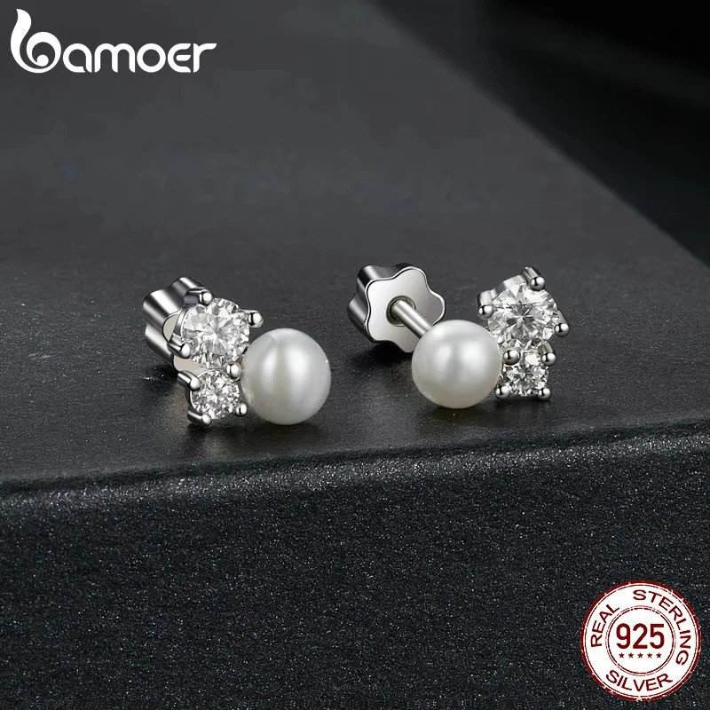 White Gold Plated Stud Earrings Stud Screw Back 925 Sterling Silver Pearl Hypoallergenic Earrings for Women 250318