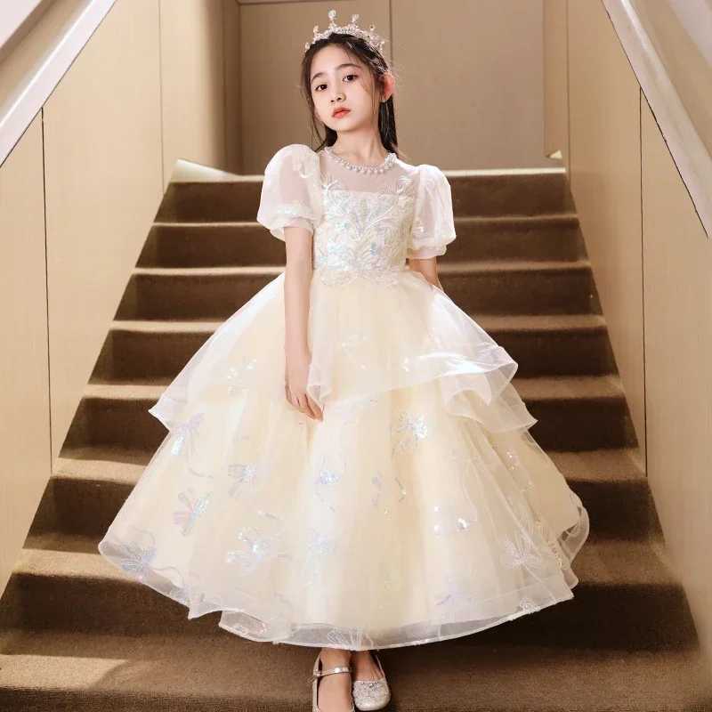 High end floral girl dress with elegant puff sleeves childrens high-dimensional Vestidados princess sequin wedding Christmas Par dress W250326