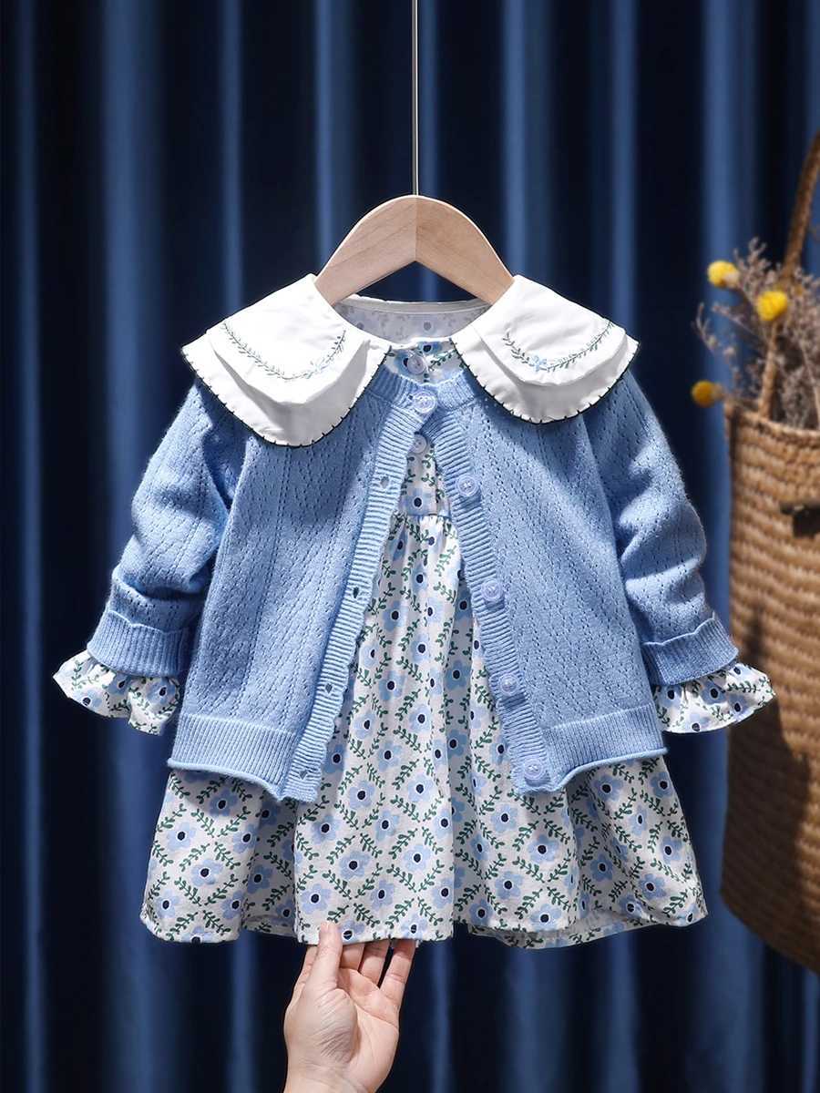 Girls Korean two-piece dress autumn new item knitted sweater cardigan wool sweater floral dress childrens country sled W250326