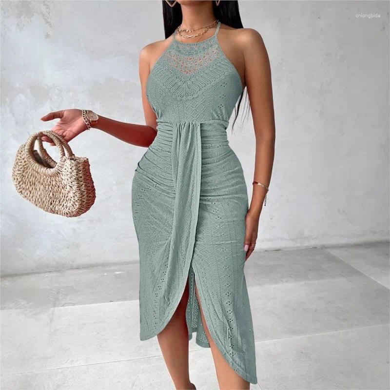 Casual Dresses 2025 Hollowed-out Slit Dress Women Fashion Hallow Sleeveless Pleated Summer Irregular Beach Vacation Solid Color